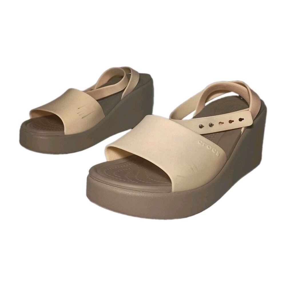 Crocs Brooklyn Ankle Strap Wedge Sandals Womens Size 9 Open Toe Off White Tan